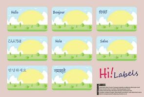 Notebook Labels with Hey in Different Languages. Name Tag Labels. vector