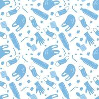 Vector Covid Coronavirus Waste Seamless Pattern. Plastic pollution on white background. Environmental issue or ecology problem of marine rubbish, latex gloves, face masks in sea illustration.