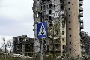 destroyed and burned houses in the city Russia Ukraine war photo