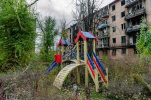 destroyed and burned houses in the city Russia Ukraine war photo