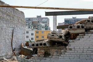 destroyed and burned houses in the city Russia Ukraine war photo