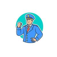 Retro police mascot cartoon illustration. Man in police officer suit with a thumbs-up pose. Vector illustration.