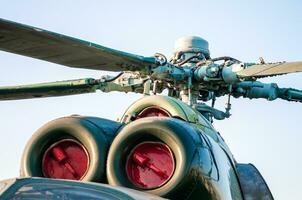 engine with helicopter propeller blades close up photo