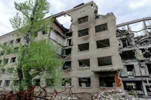 destroyed school building in Ukraine photo