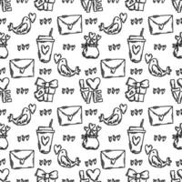 The love theme doodle style seamless pattern in black and white, Valentines Day hand-drawn icons with a simple engraving retro effect. Romantic mood, cute symbols and elements backgrounds collection. vector