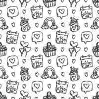 The love theme doodle style seamless pattern in black and white, Valentines Day hand-drawn icons with a simple engraving retro effect. Romantic mood, cute symbols and elements backgrounds collection. vector