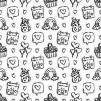 The love theme doodle style seamless pattern in black and white, Valentines Day hand-drawn icons with a simple engraving retro effect. Romantic mood, cute symbols and elements backgrounds collection. vector