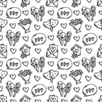 Valentines Day doodle style seamless pattern in black and white, hand-drawn icons with simple engraving retro effect. Romantic love mood, cute symbols and elements backgrounds collection. vector