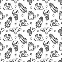 The love theme doodle style seamless pattern in black and white, Valentines Day hand-drawn icons with a simple engraving retro effect. Romantic mood, cute symbols and elements backgrounds collection. vector