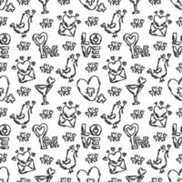 The love theme doodle style seamless pattern in black and white, Valentines Day hand-drawn icons with a simple engraving retro effect. Romantic mood, cute symbols and elements backgrounds collection. vector