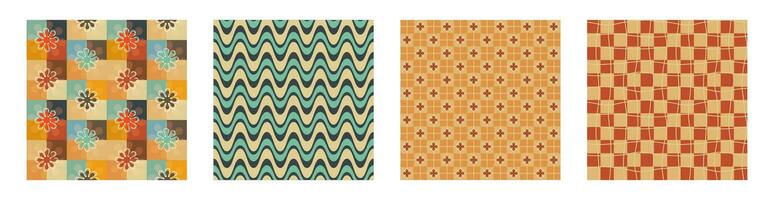 A retro style seamless patterns set with a hippie flower aesthetic design, vector background. Print surface for textiles, wrapping, and webs.