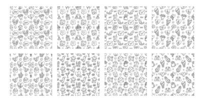 The love theme doodle style seamless pattern in black and white, Valentines Day hand-drawn icons with a simple engraving retro effect. Romantic mood, cute symbols and elements backgrounds collection. vector