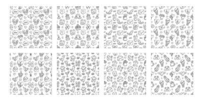 The love theme doodle style seamless pattern in black and white, Valentines Day hand-drawn icons with a simple engraving retro effect. Romantic mood, cute symbols and elements backgrounds collection. vector