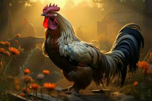 AI generated Morning serenade a vibrant rooster graces the serene meadow photo