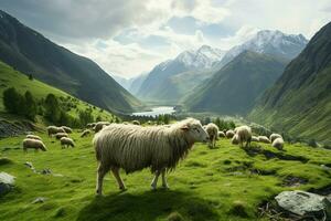 AI generated Grazing sheep create a serene scene on the green mountain photo