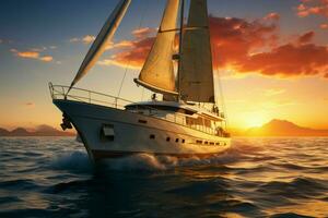 AI generated Sunset voyage a luxury yacht sails gracefully, basking in the warm twilight photo