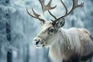 ai generado escarchado elegancia reno vagar un invierno bosque, encarnando el magia de el temporada foto