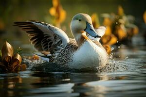 ai generado belleza en agua un tranquilo momento con un agraciado Pato foto