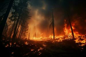 AI generated Natures peril The widespread forest fire engulfs trees and vegetation photo