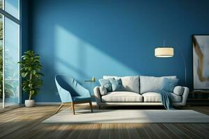 AI generated Bluethemed living room creates a tranquil atmosphere in the apartment photo