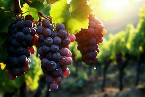 ai generado uvas bañado en ligero en el plantación, un delicioso escena foto