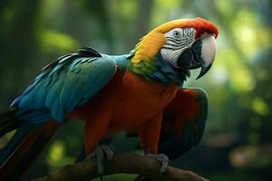 AI generated Macaws brilliance a vibrant portrait against the lush forest backdrop photo