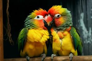 AI generated Feathered romance Love birds closeup, showcasing vibrant and beautiful hues photo