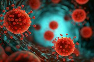 AI generated Pandemic alert 3D rendering of COVID 19 virus cells in medical illustration photo