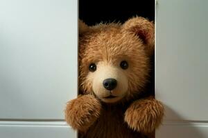 AI generated Whimsical play Children delight as teddy bear hides behind door photo