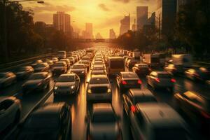 AI generated Urban standstill a traffic jam blurs the road, causing a chaotic visual spectacle photo
