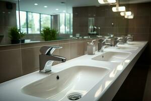 AI generated Modern public bathroom with white ceramic wash sink basins and mirror photo