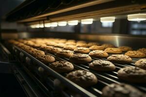 AI generated Cookie factory magic a conveyor line crafts delectable chocolate treats with precision photo