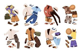 Outfits set in casual style for men. Fashion clothing, accessories, shoes for spring and summer. isolated flat vector illustrations on white background.