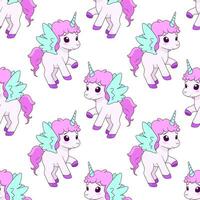 Seamless pattern with magic unicorns on white backdrop. Vector tile with cartoon character for childish print, wrapper, textile, print, fabric.