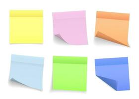 Collection of different colored sheets of note papers with curled corner and shadow, ready for your message. Realistic. Isolated on white background. Set. Vector illustration