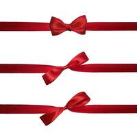 Realistic red bow with horizontal red ribbons isolated on white. Element for decoration gifts, greetings, holidays. Vector illustration