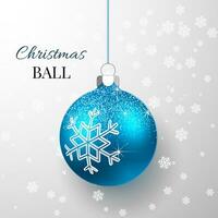 Blue Christmas ball with snow effect. Xmas glass ball on transparent background. Holiday decoration template. Vector illustration