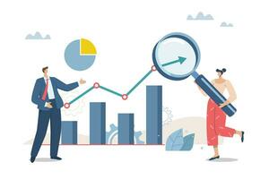 Financial research or data analysis for future trends in marketing, Forecasting factors that cause profit or loss, Businessteam analyzes trends on graphs and charts with magnifying glass. vector