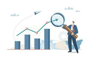 Financial research or data analysis for future trends in marketing, Forecasting factors that cause profit or loss, Businessman analyzes trends on graphs and charts with magnifying glass. vector