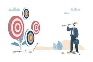 Multiple objectives, Aiming at multiple targets, Failures and incorrect attempts, Unable to decide which target to shoot at, Businessman with multiple arrows and targets. Vector design illustration.