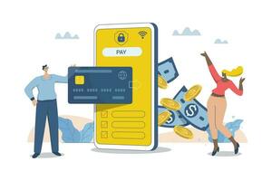 Online transactions, Pay by credit card, currency exchange, Smartphone with Online Payment, Businessman and woman conducts financial transactions with bank electronically wirelessly. vector
