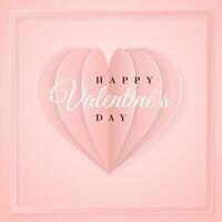 Happy valentines day invitation card template with origami paper   heart. Pink background. Vector illustration