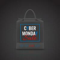 Cyber Monday Sale. Realistic Paper shopping bag with handles isolated on dark background. Vector illustration.