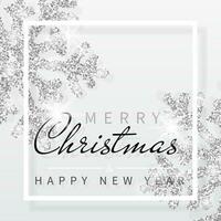 Christmas background with shining silver snowflakes and white frame. Merry Christmas and Happy New Year card. Vector Illustration