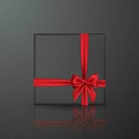 Realistic black gift box with red bow and ribbon. Element for decoration gifts, greetings, holidays. Vector illustration