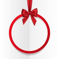 Bright holiday round frame banner hanging with red ribbon and silky bow  on white background. Vector illustration