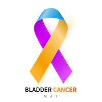 Bladder Cancer Awareness Month. Realistic Marigold Blue Purple ribbon symbol. Medical Design. Vector illustration