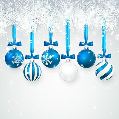 Christmas and New Year background with Blue christmas balls, fir branch and snow for xmas design. Vector illustration