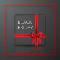 Black Friday. Realistic black gift box with red bow and ribbon. Element for decoration gifts, greetings, holidays. Vector illustration