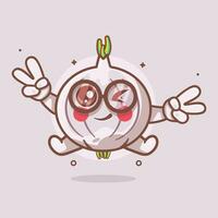 cute garlic character mascot with peace sign hand gesture isolated cartoon in flat style design vector